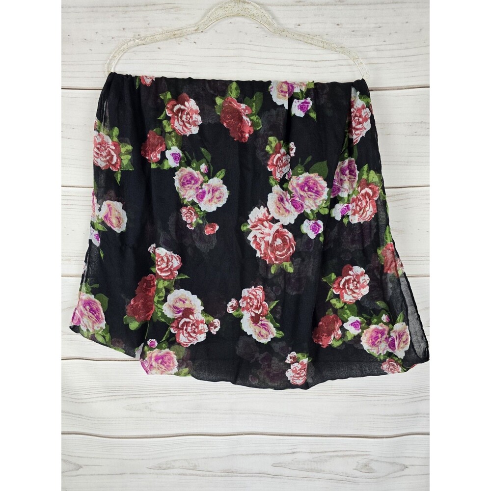 Nicole Marciano Floral Scarf Black Pink Red Rose Flower Leaves